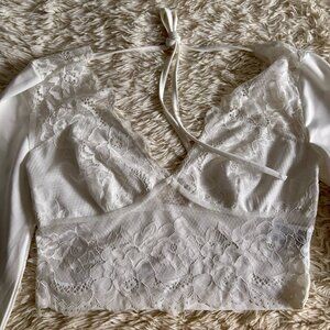 SHEIN ★ White Lace Stitching Deep V Tight Long Sleeve Top